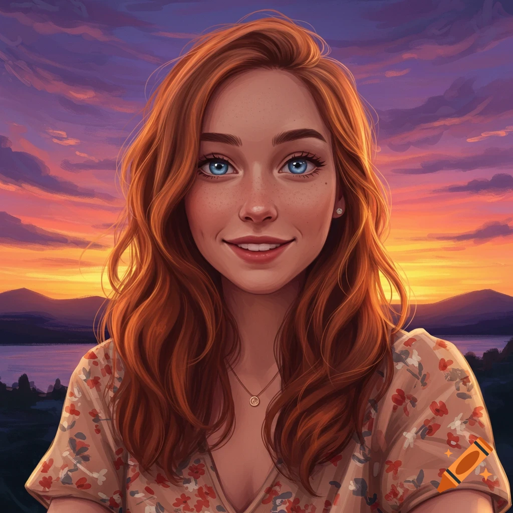 A woman with red hair and blue eyes smiles in front of a sunset landscape.