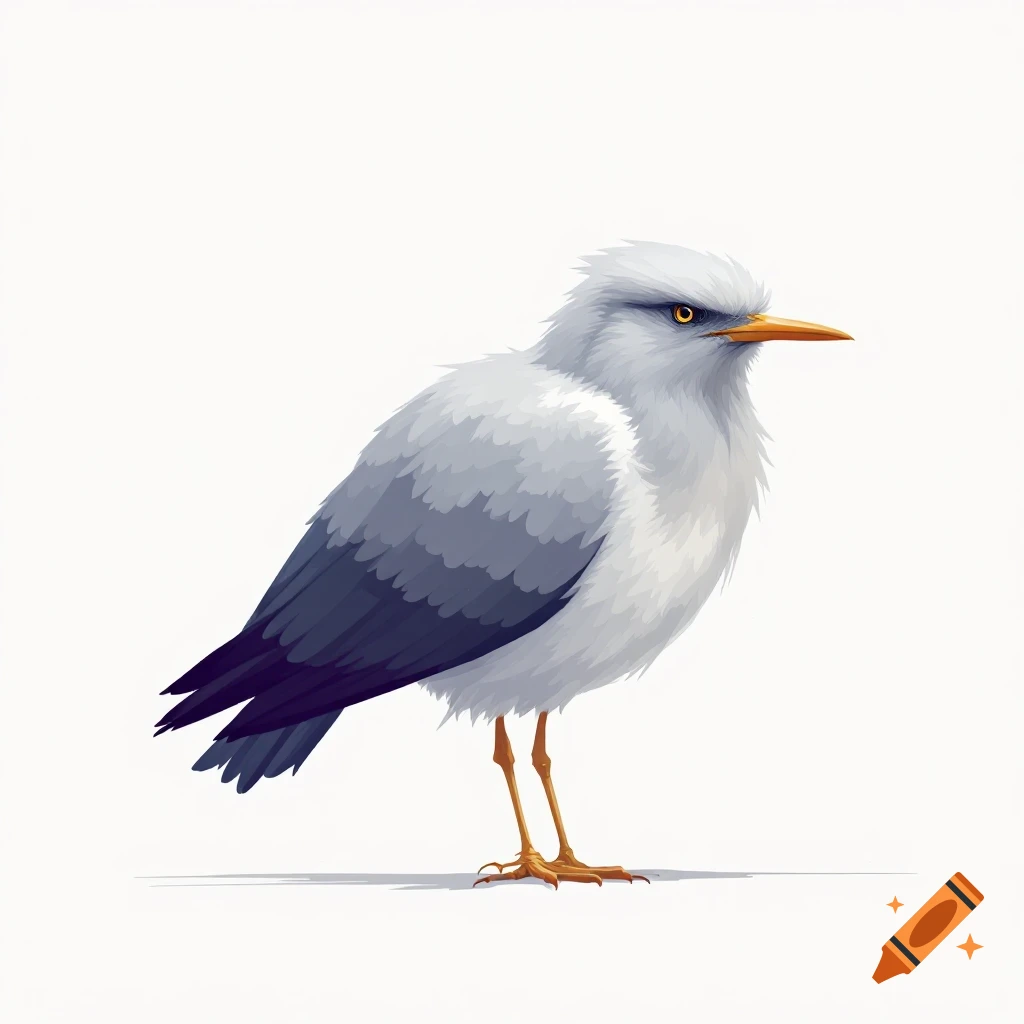 A grey and white bird standing on a white background.