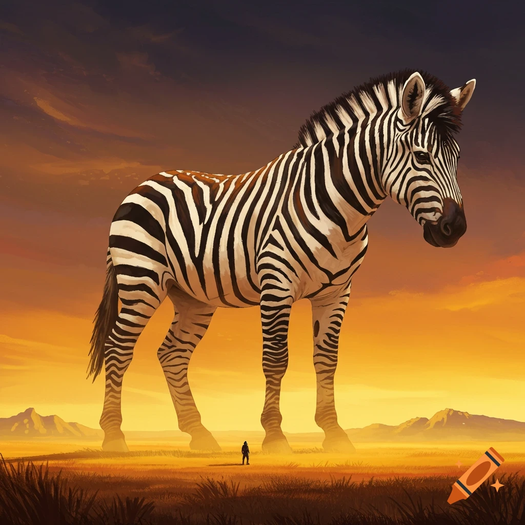 A giant zebra standing over a tiny human in a sunset landscape