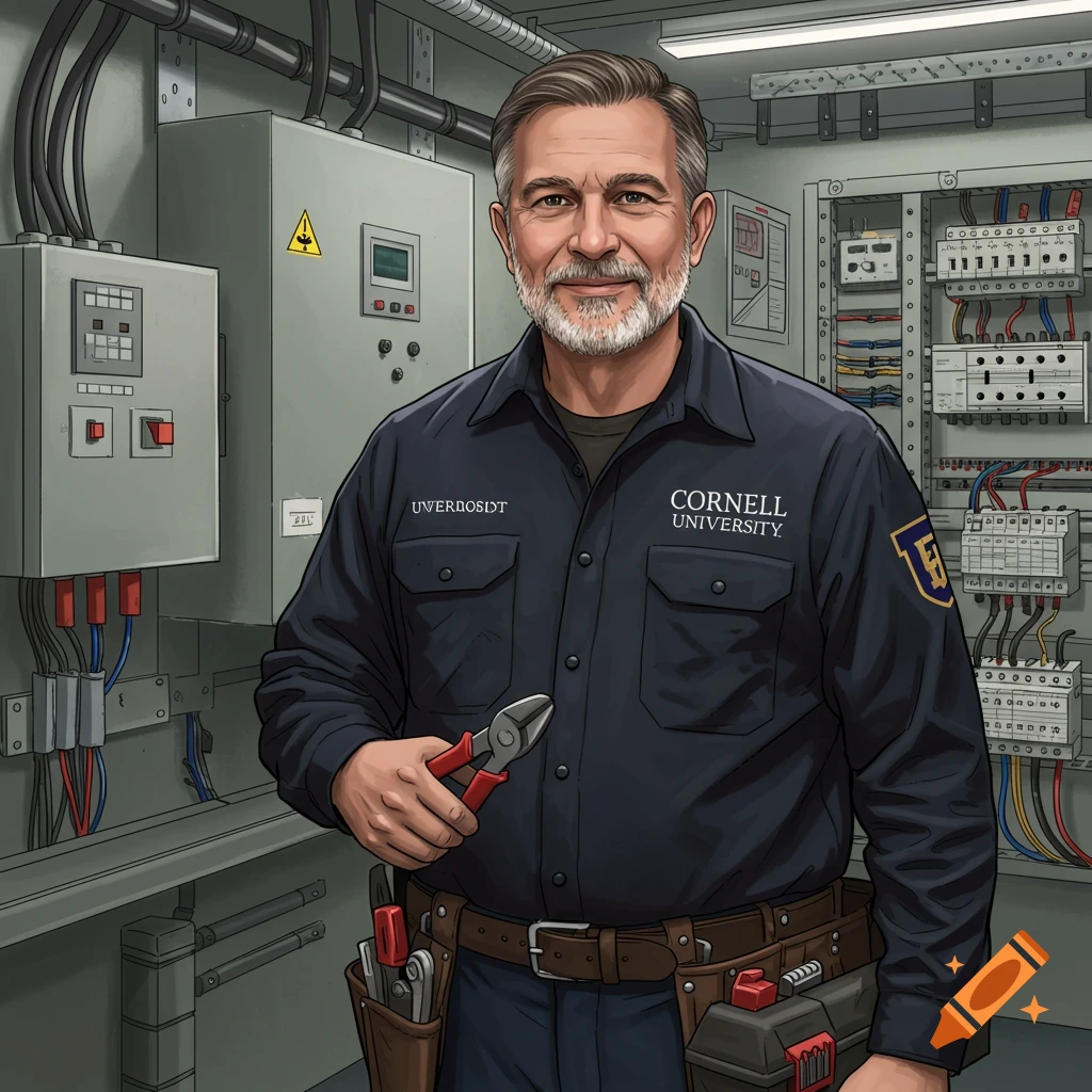 An electrician holding pliers in a control room.