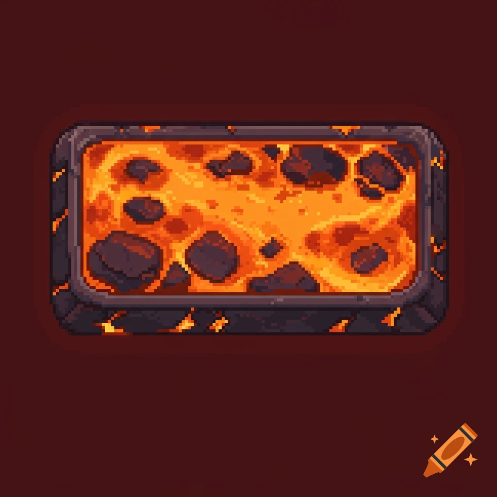 Pixel art of a rectangular container filled with lava and rocks.