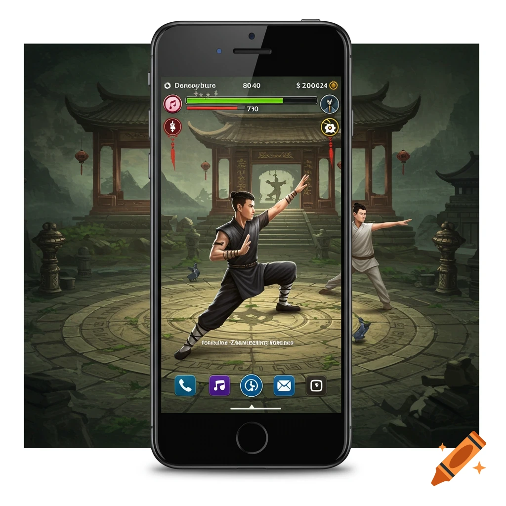 Smartphone displaying a video game scene of two martial artists in a temple courtyard.