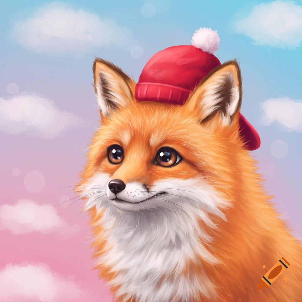 A cute fox wearing a red hat against a cloudy sky