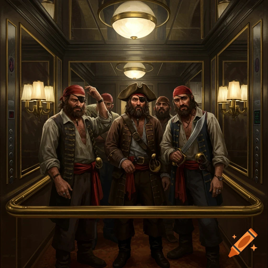 Pirates in an ornate elevator.