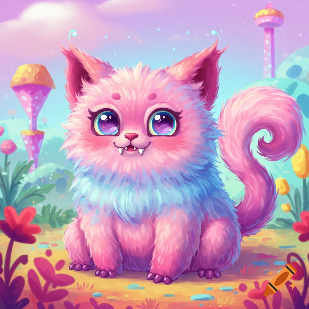 A cute fluffy pink and blue fantasy creature with big eyes and fangs sits in a whimsical landscape.