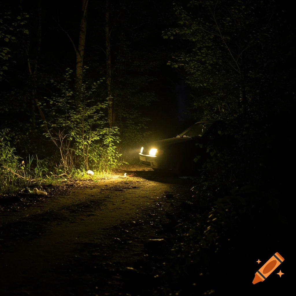 A car with headlights on parked on a dirt road in the woods at night.