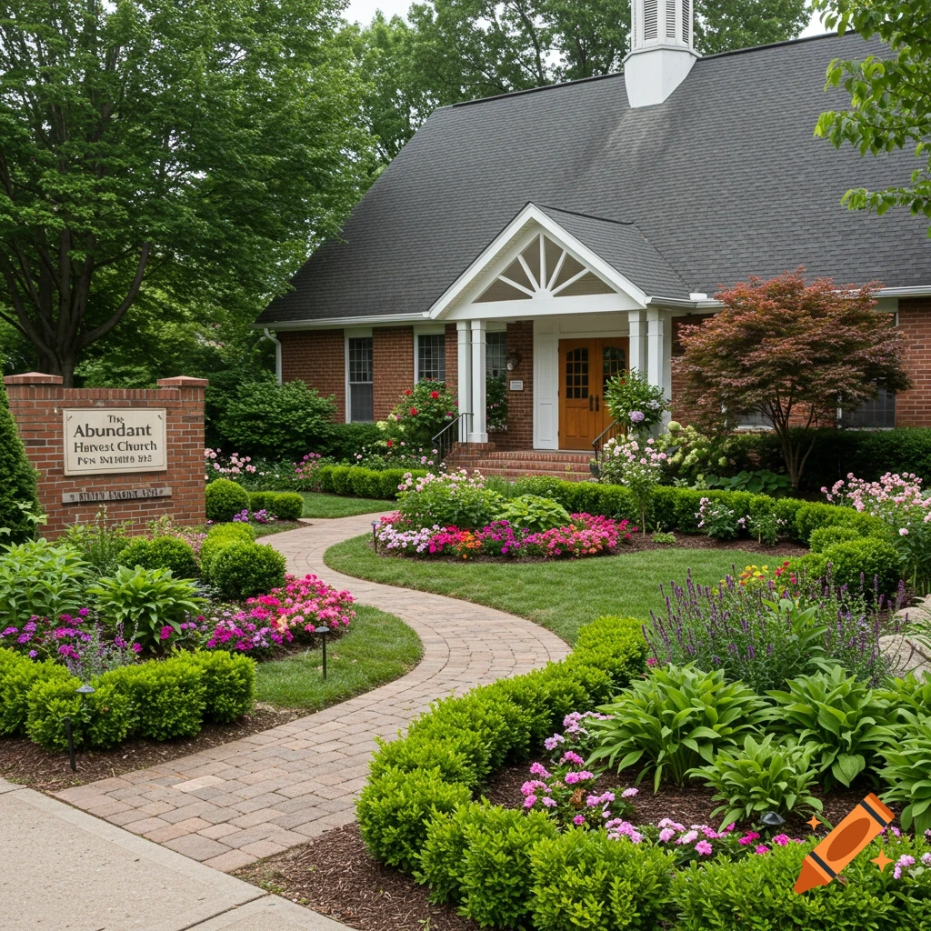 Church building with abundant garden, brick path, and sign