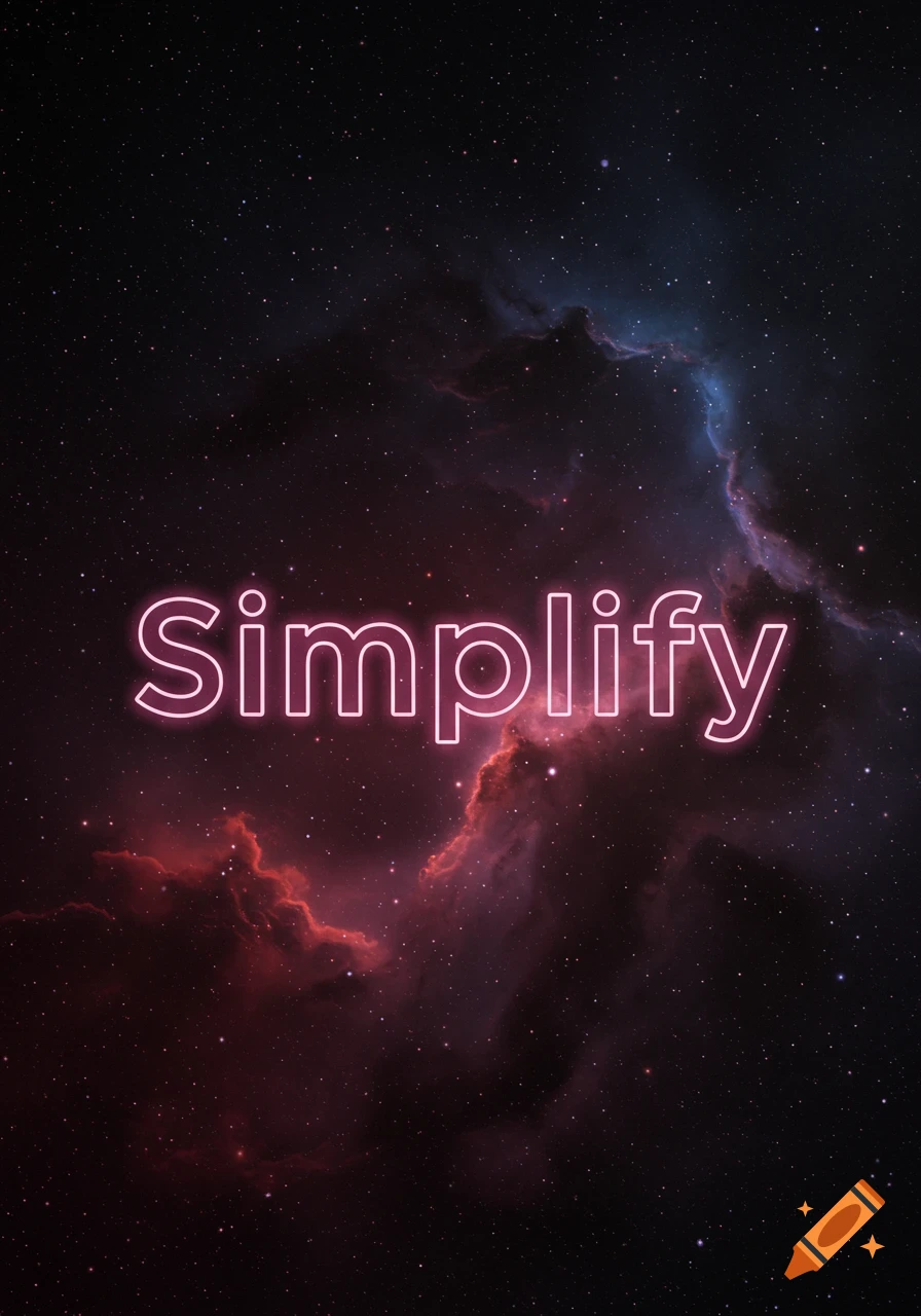 Pink neon text "Simplify" over a starry nebula background.