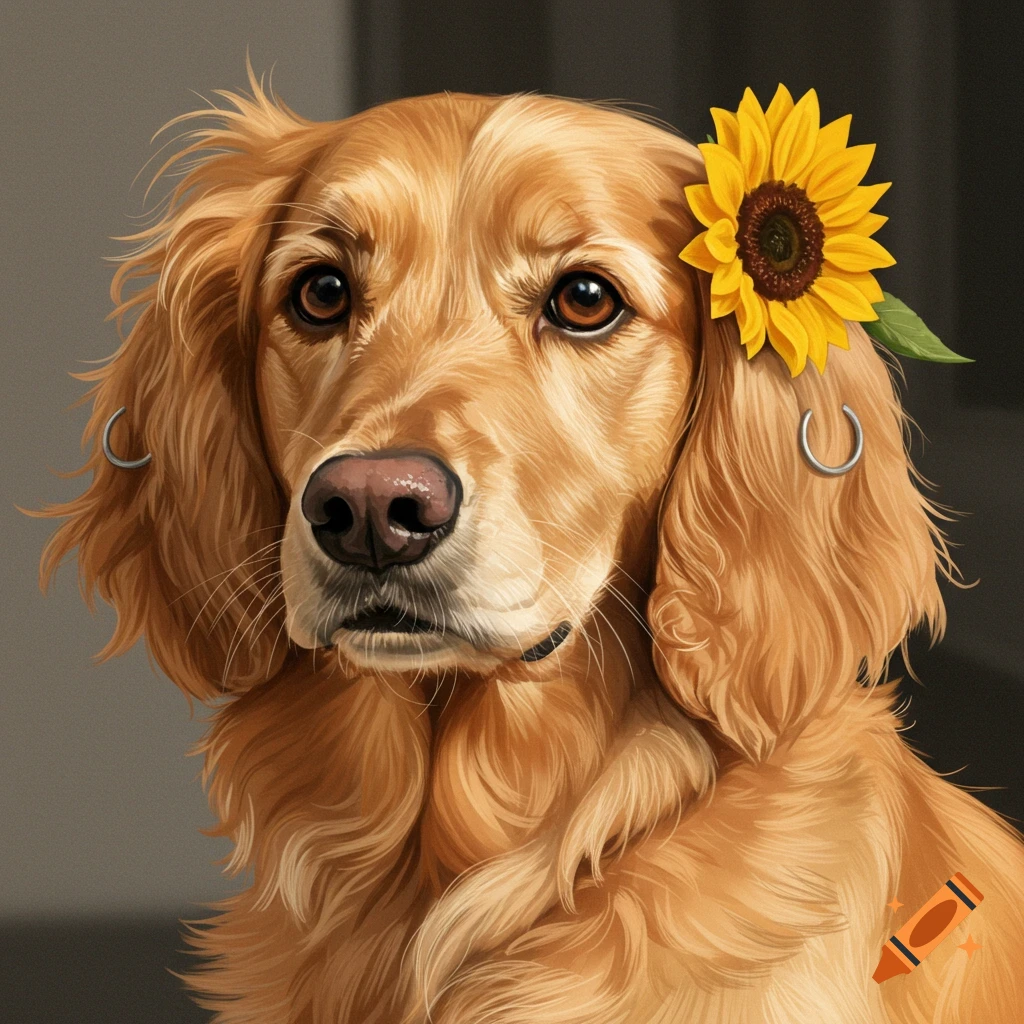 A close-up of a golden retriever mix dog wearing hoop earrings and a sunflower.