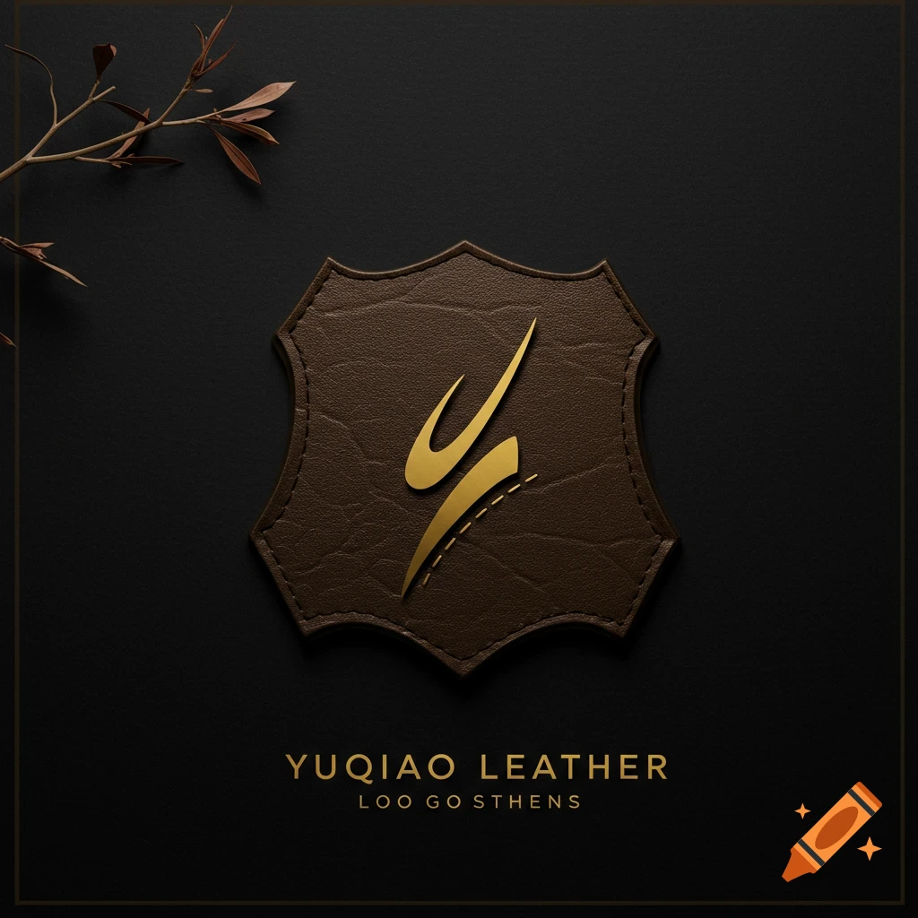 Gold logo on a brown leather patch with text 'YUQIAO LEATHER'.