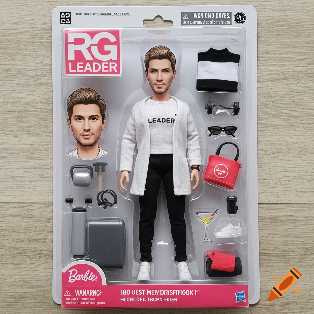 Male action figure in toy packaging with accessories like gym equipment and sunglasses, labeled RG Leader.