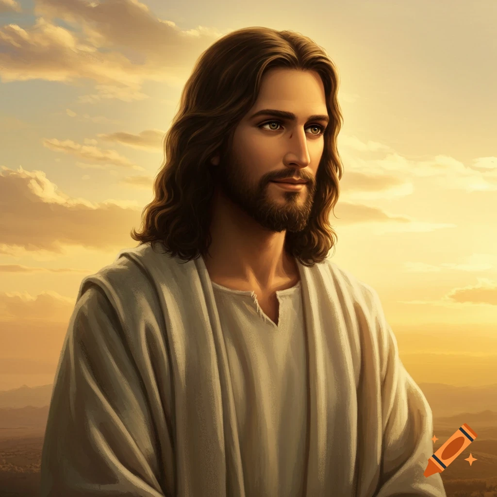 Portrait of Jesus against a cloudy sky.