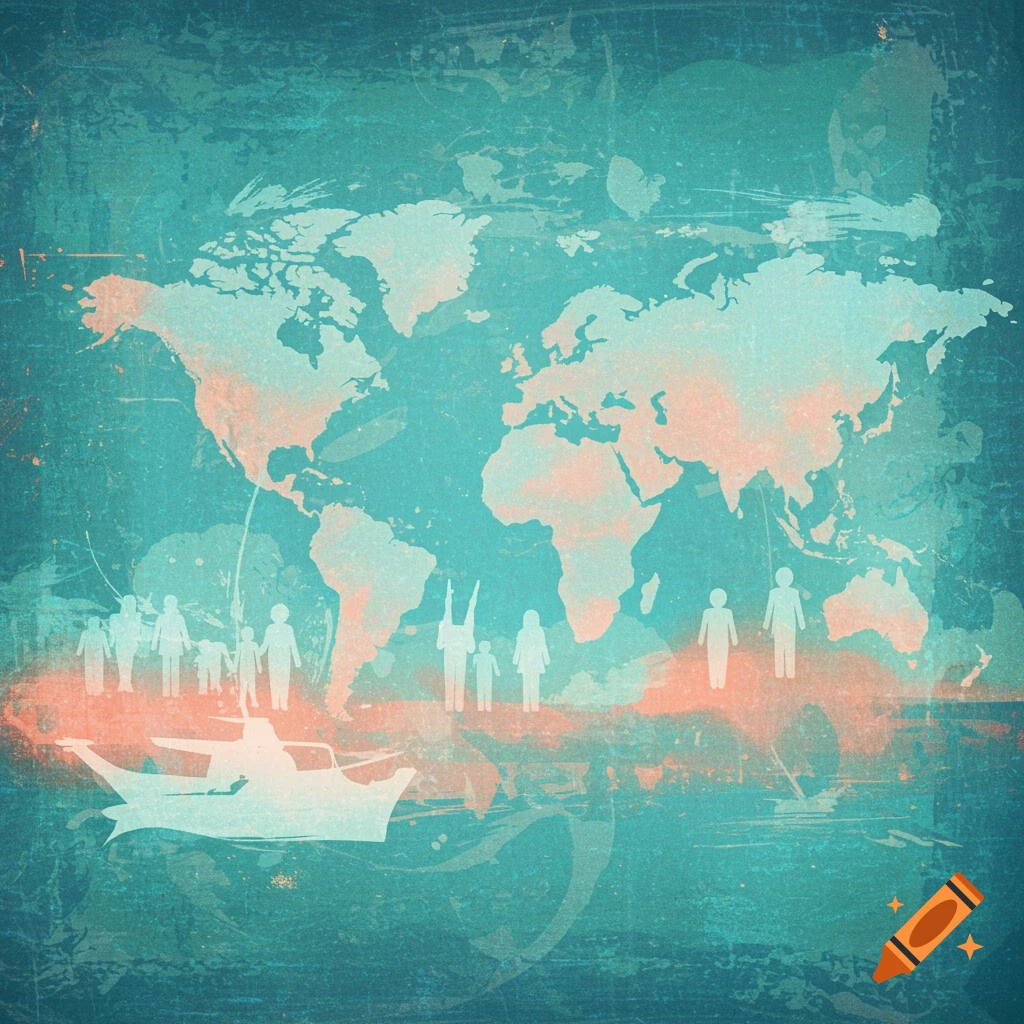 Stylized illustration of world map with silhouettes of people and a boat.