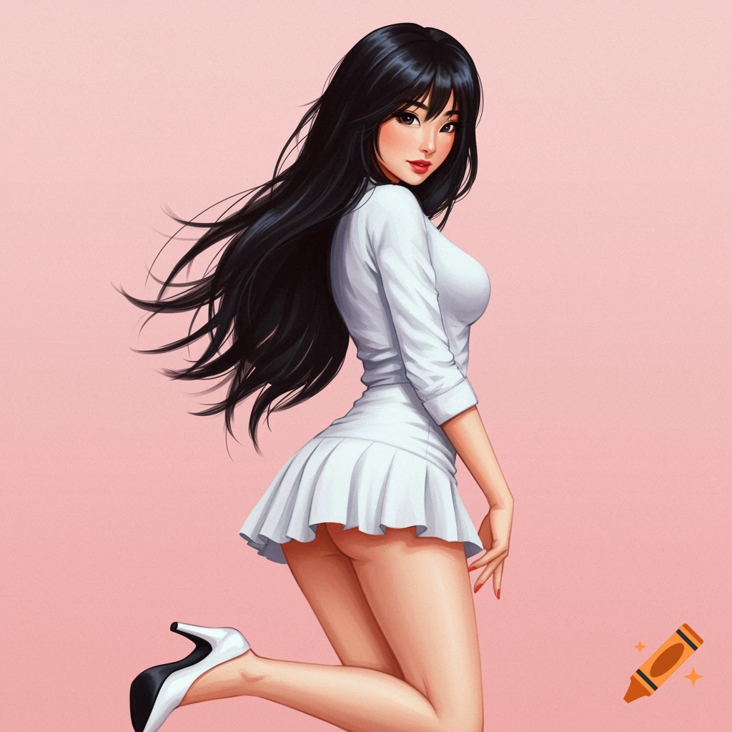 A woman in a white shirt and miniskirt kneeling against a pink background.