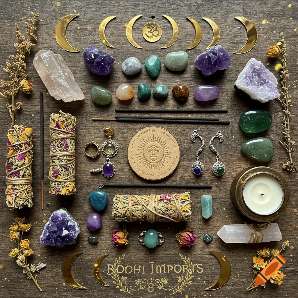 Flat lay of crystals, incense, sage bundles, jewelry, candle, and moon symbols on wood.