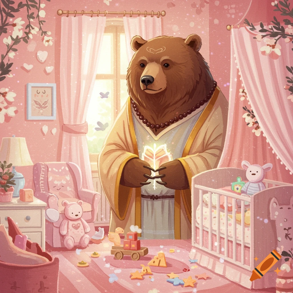 A whimsical image of a brown bear in a robe standing in a pink nursery, holding a glowing object.