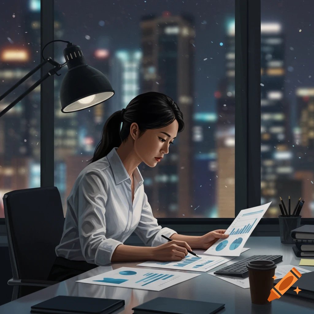 A financial analyst working late in an office looking at charts with a city view.