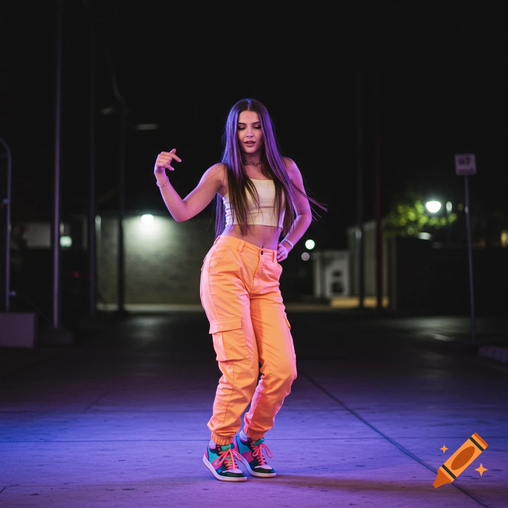 A young woman dances in a crop top and orange cargo pants on an urban street at night under neon lights.