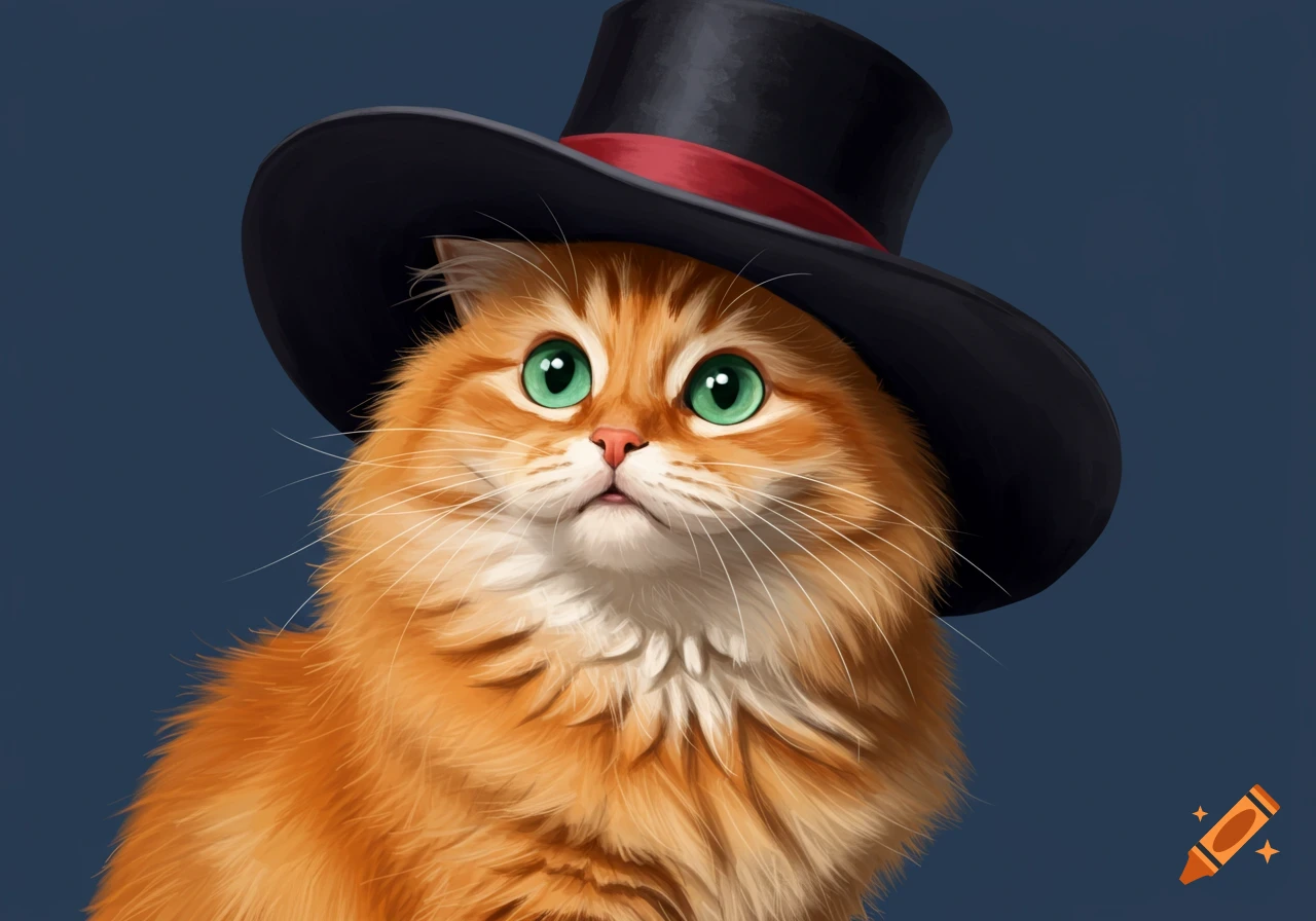 An orange fluffy cat wearing a black top hat.