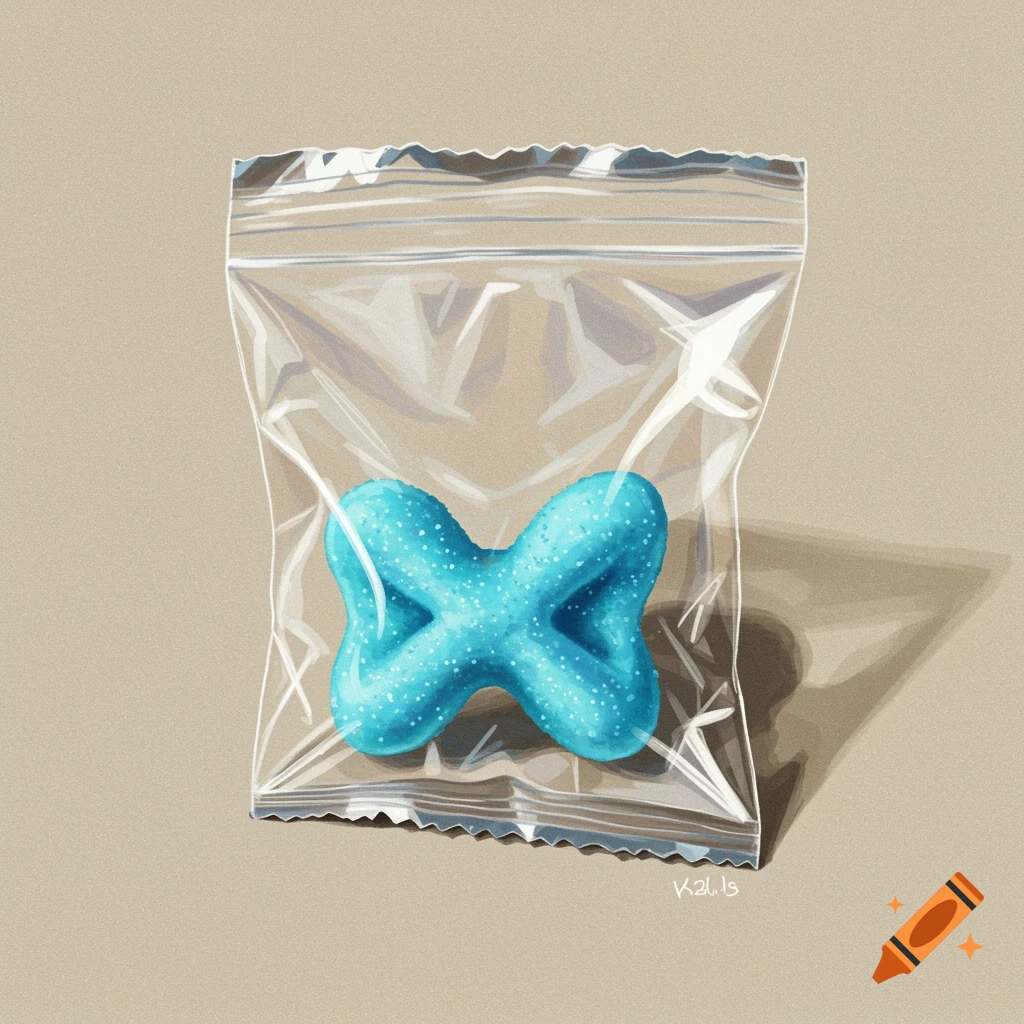 A blue butterfly-shaped snack is shown in a clear plastic bag.