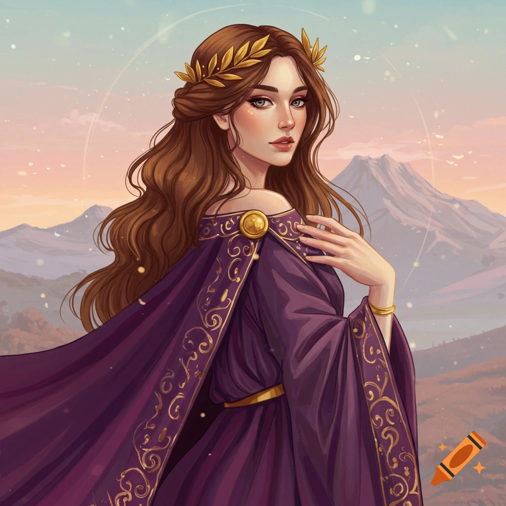 A woman in purple robes and a gold laurel wreath, standing before mountains at sunset.