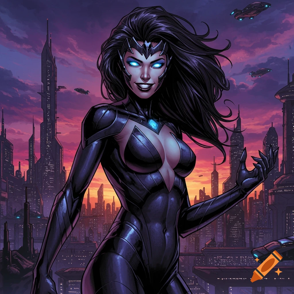 A female super villain with glowing eyes stands in a futuristic city at sunset.
