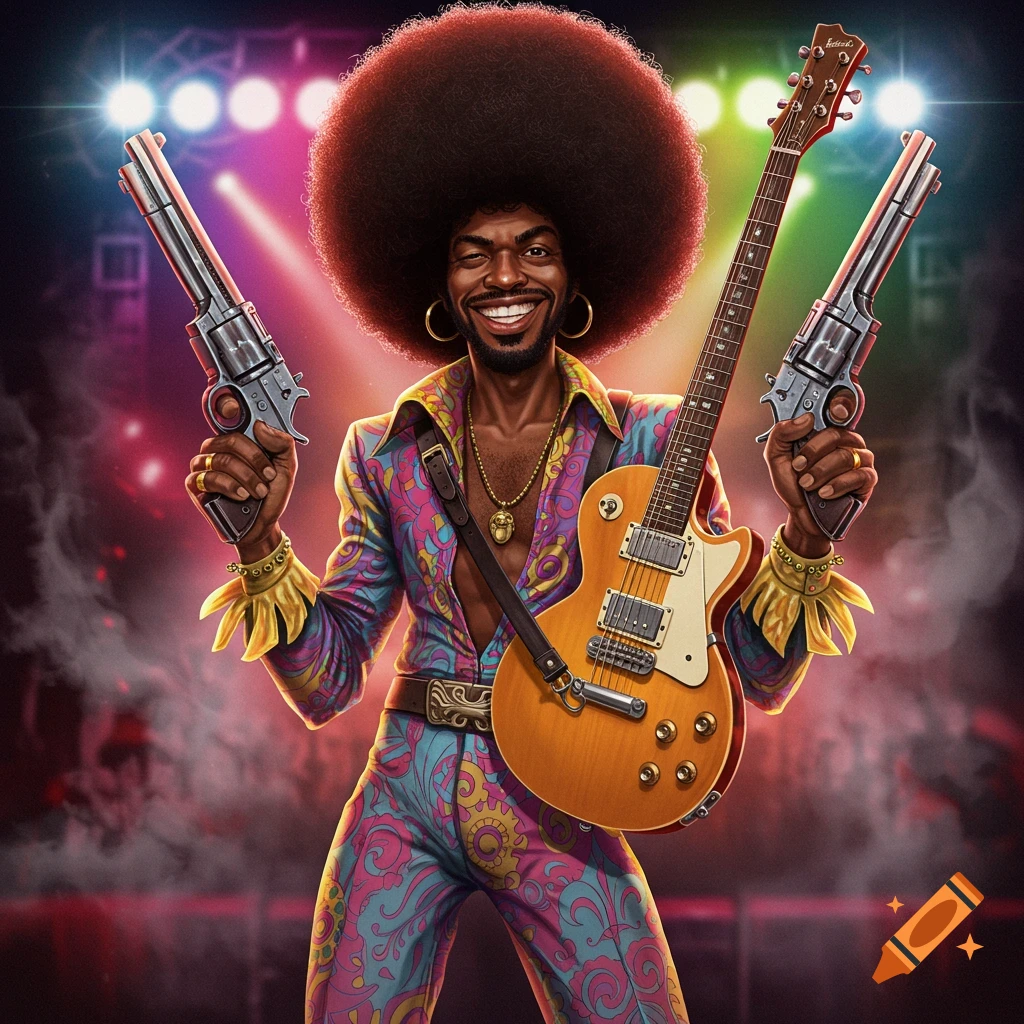 Portrait of a funk musician with large afro, colorful suit, holding two revolvers and a guitar.