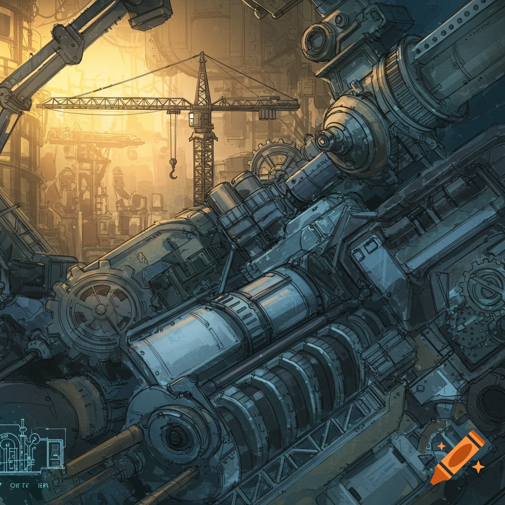 Detailed rendering of complex industrial machinery with a construction crane in the background.