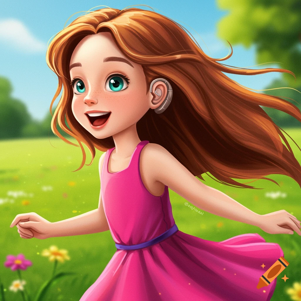 Illustration of a girl with auburn hair, pink dress, cochlear implant, running in a sunny field