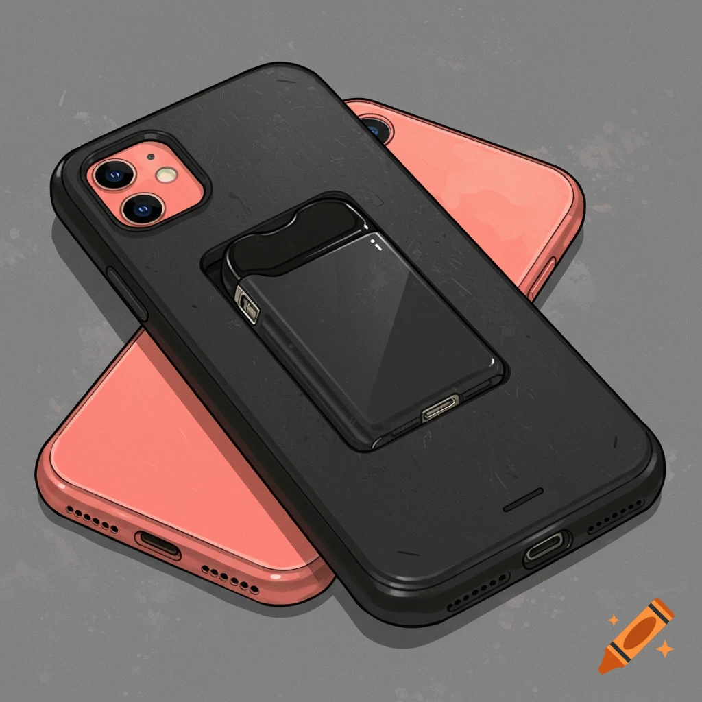 Two iPhones, one with a black case holding a vape pod.