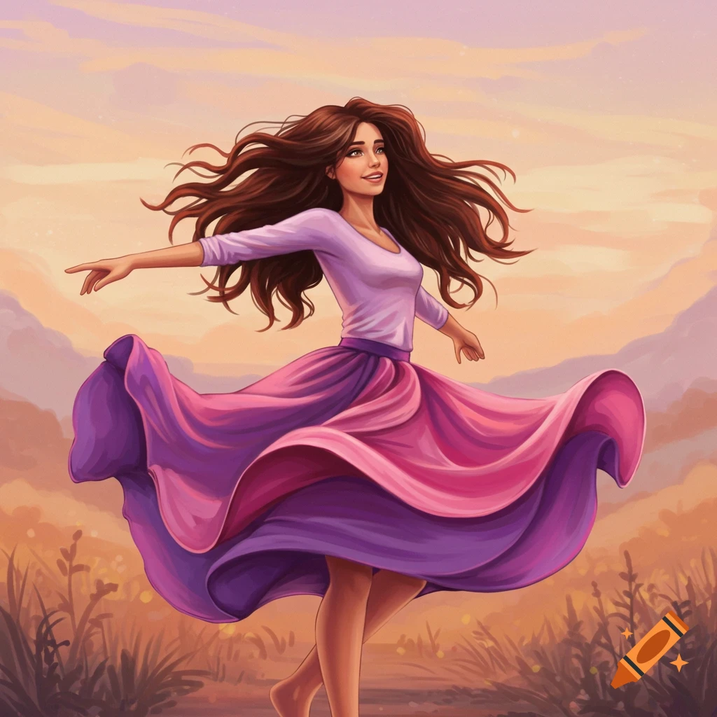 A woman with long hair is spinning in a flowing skirt in a field at sunset.