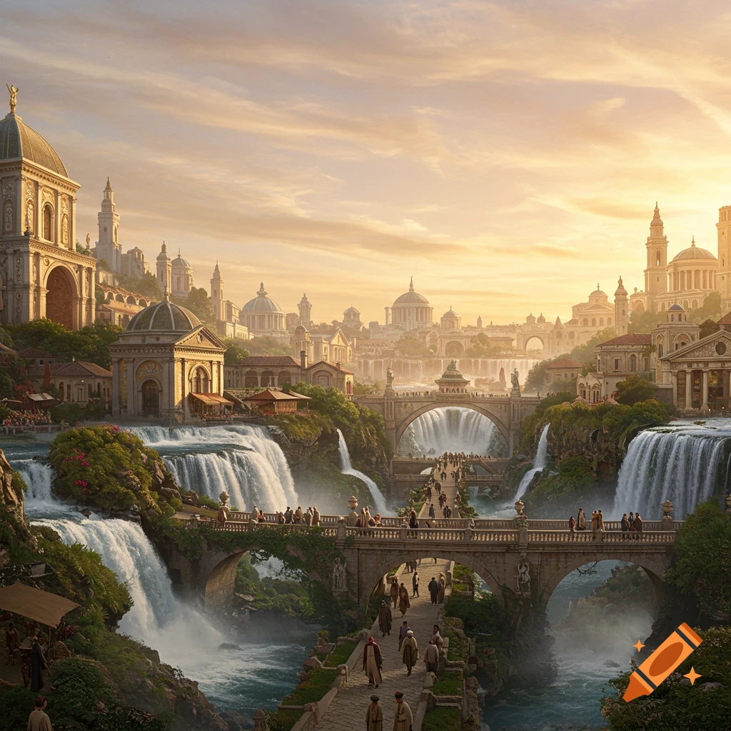 Grand Renaissance city with waterfalls and bridges at golden hour.