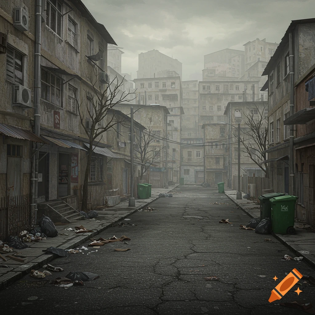 A derelict street scene in a poor urban area, cluttered with trash.