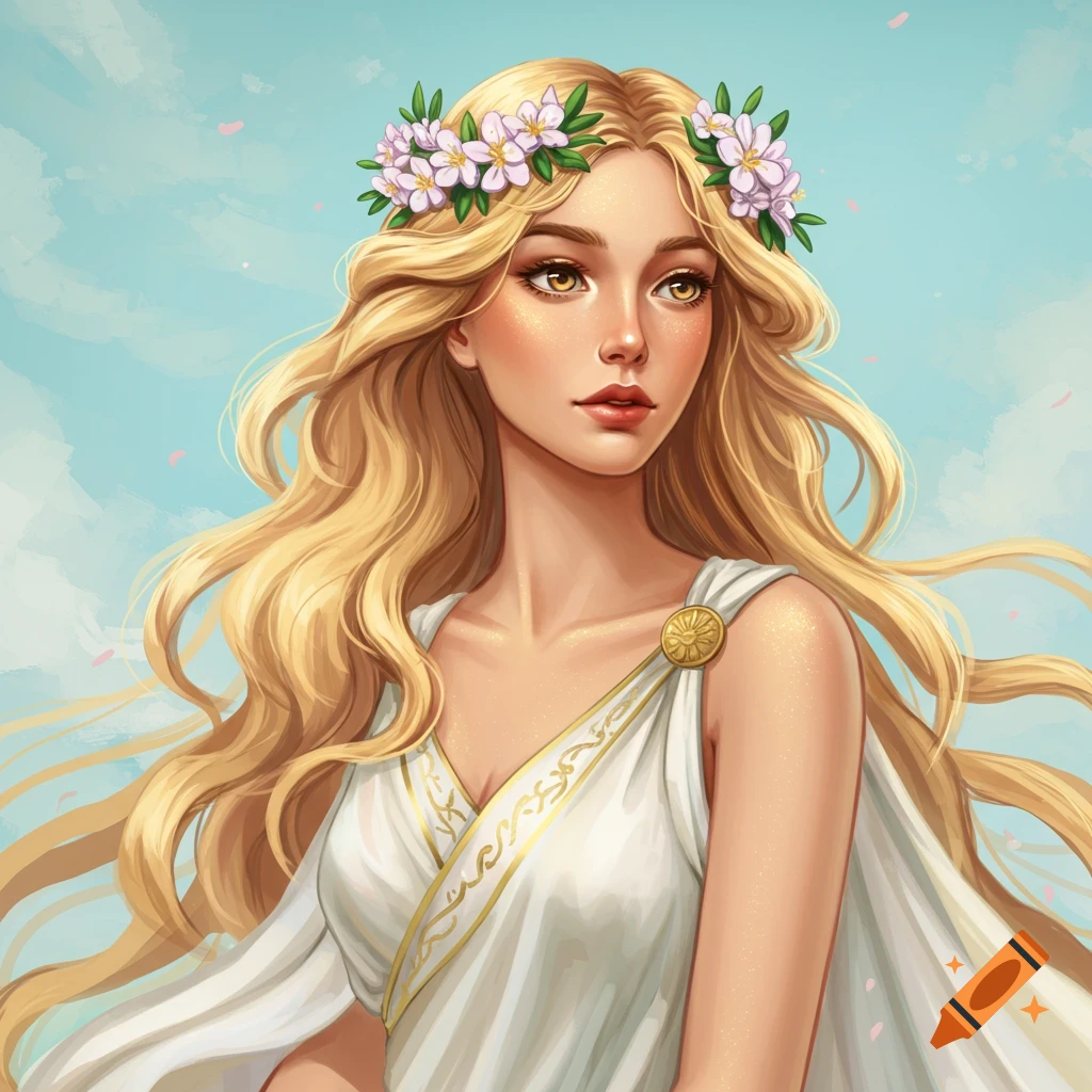 Portrait of Aphrodite with long blonde hair, flower crown, and white dress.