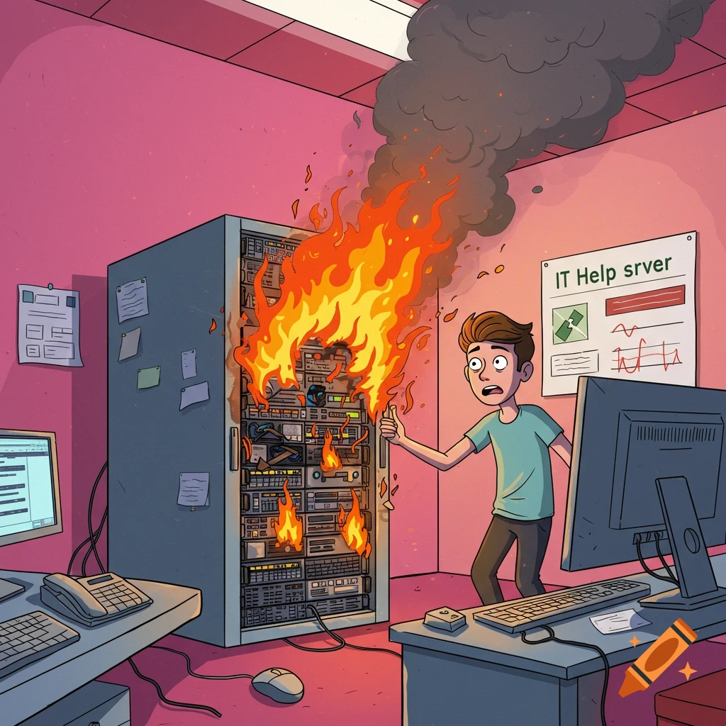 Cartoon of a man reacting to a server cabinet on fire in an IT office.
