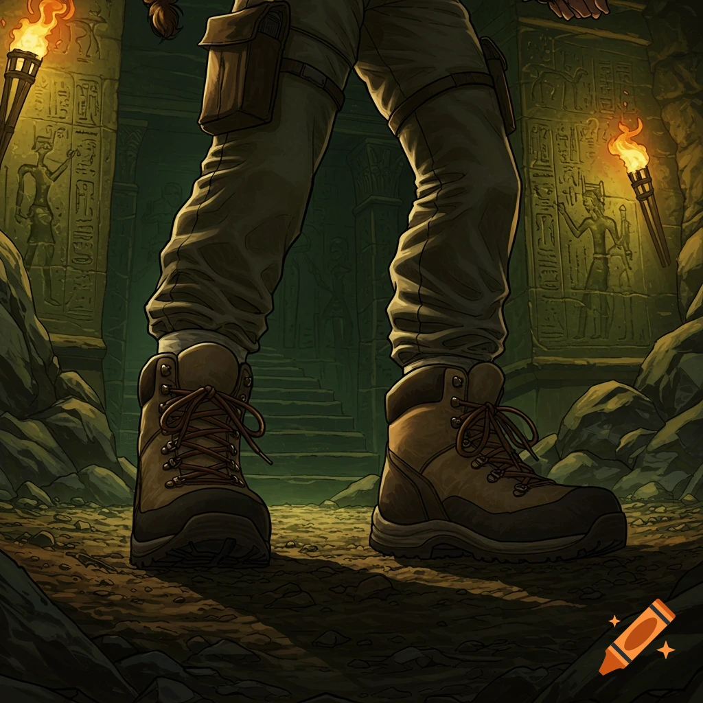 Feet in hiking boots stand on rocky ground in an ancient ruin with carvings and torches.