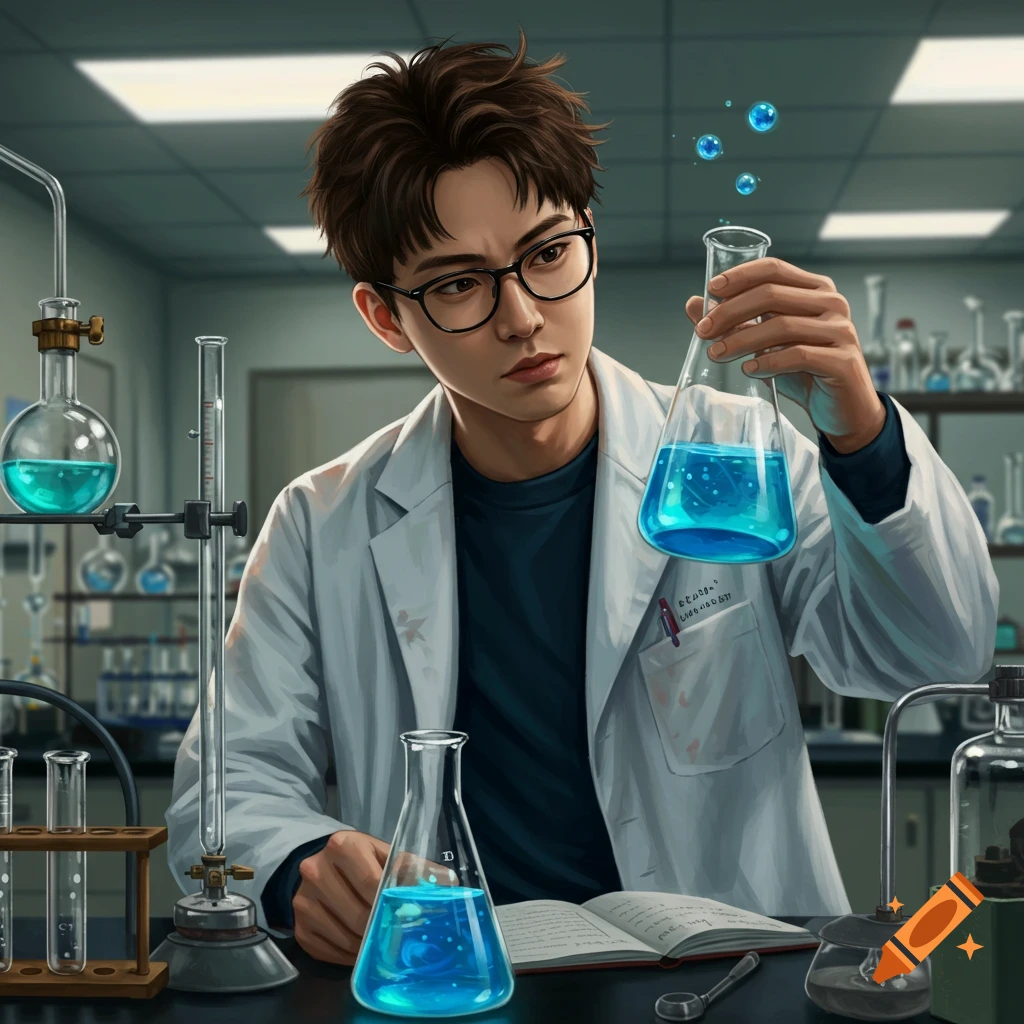 A young man in a lab coat examining a flask of blue liquid in a chemistry lab.