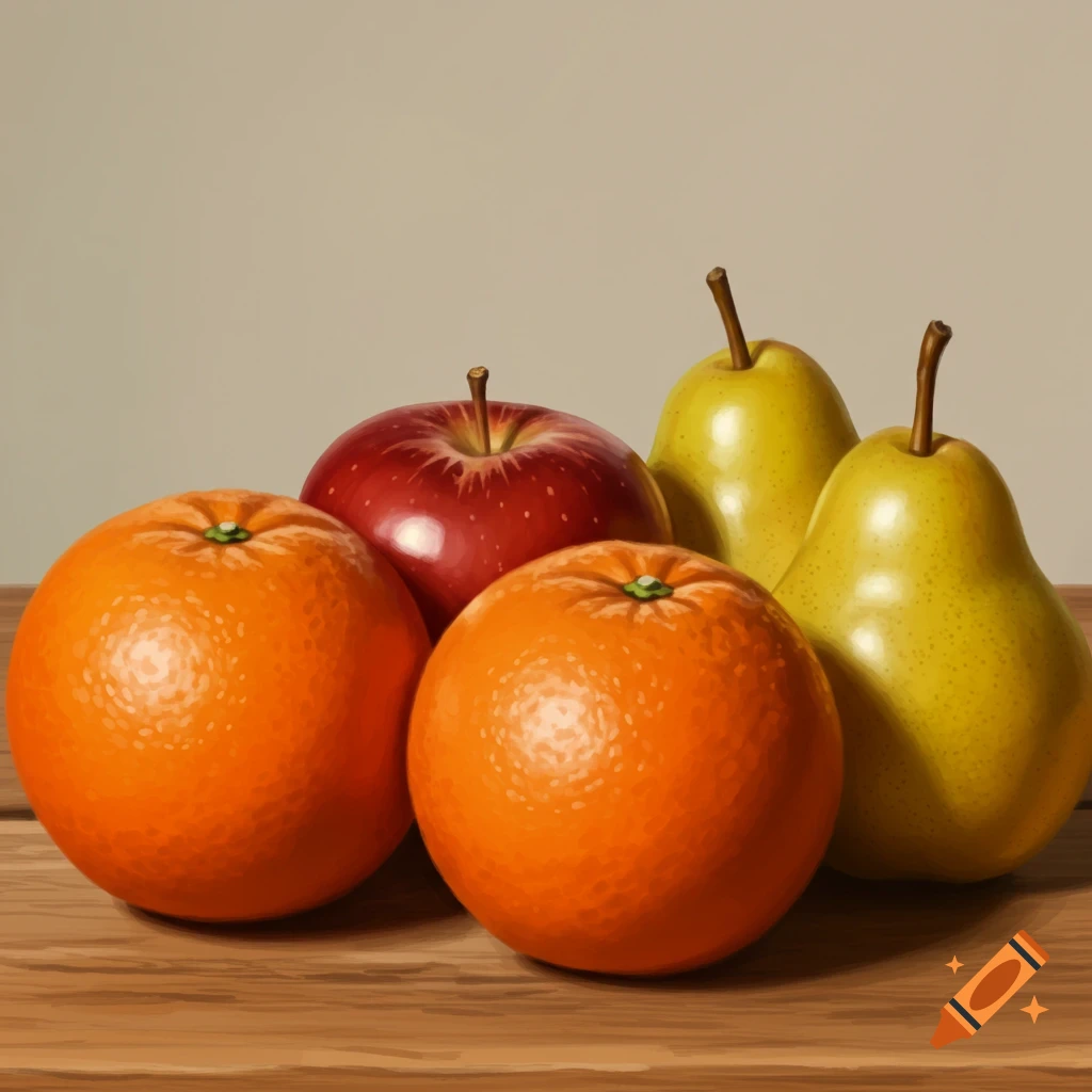 A still life of oranges, apples, and pears on a wooden table.