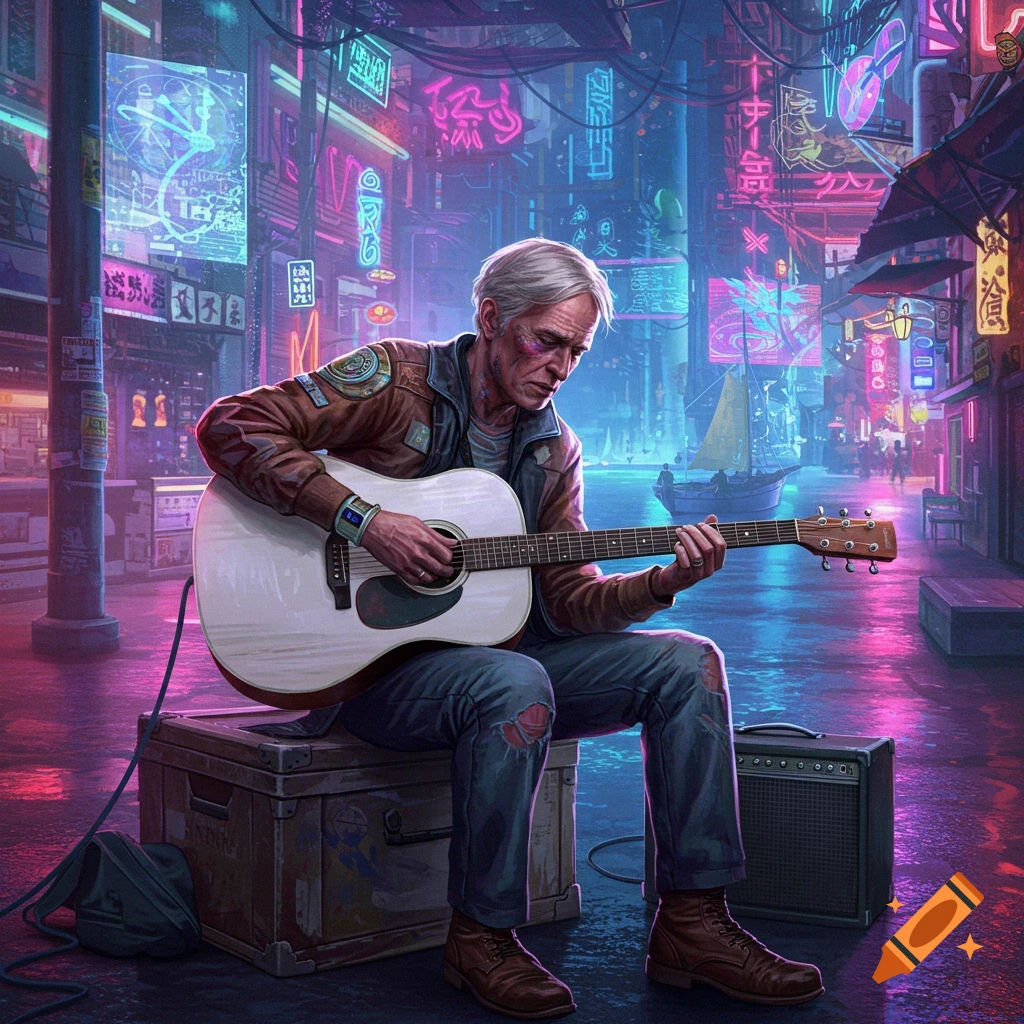 An older man plays an acoustic guitar on a crate in a neon-lit cyberpunk city street.