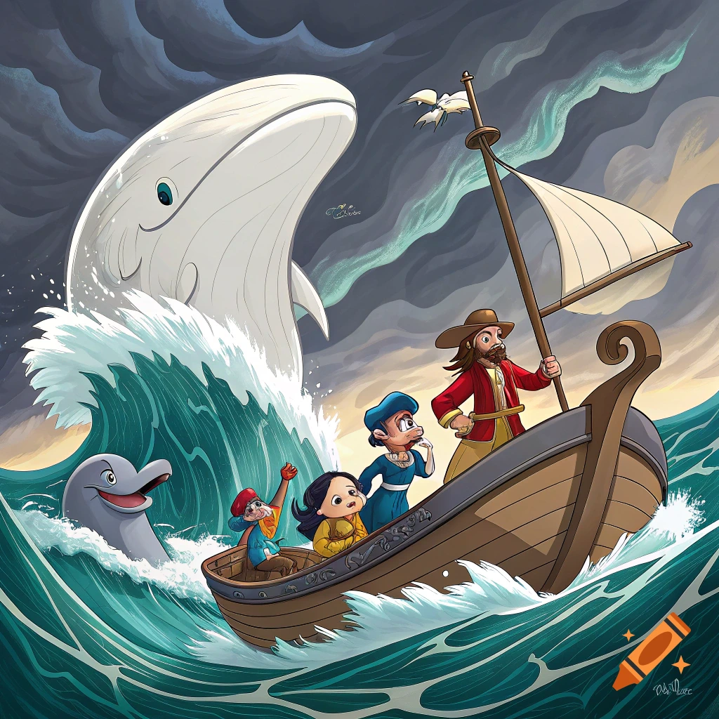 A large white whale breaches stormy seas next to a small boat with four cartoonish people and a dolphin.