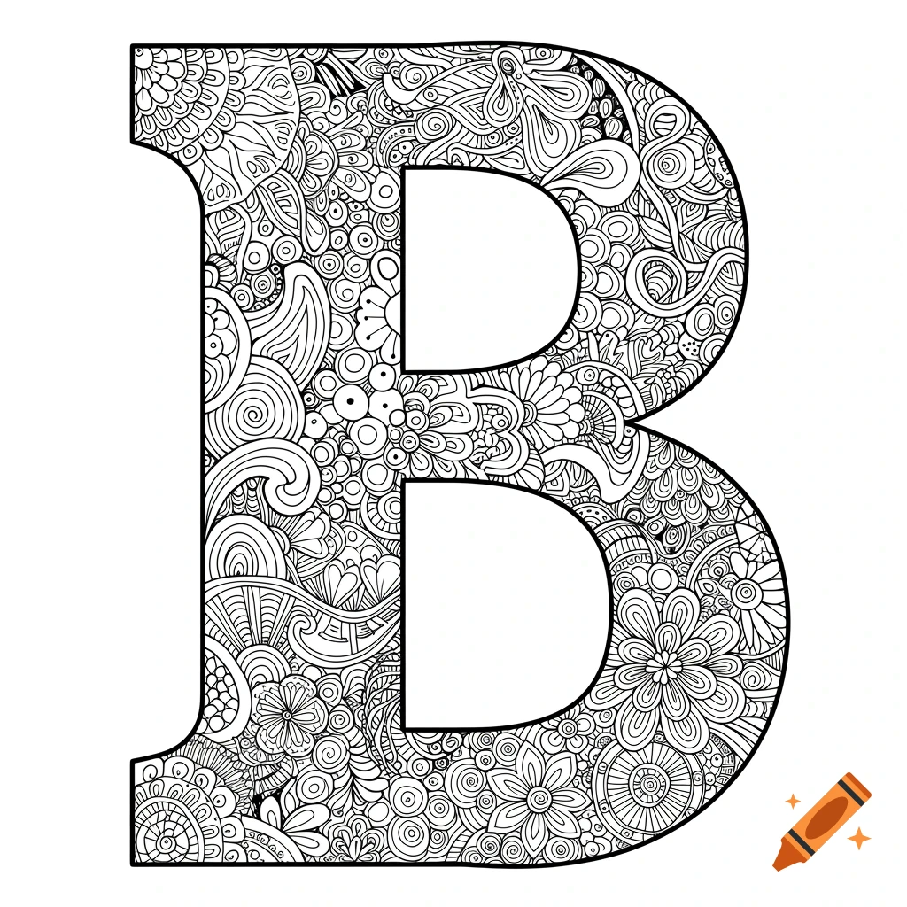 A black and white coloring page featuring the capital letter B filled with intricate patterns.