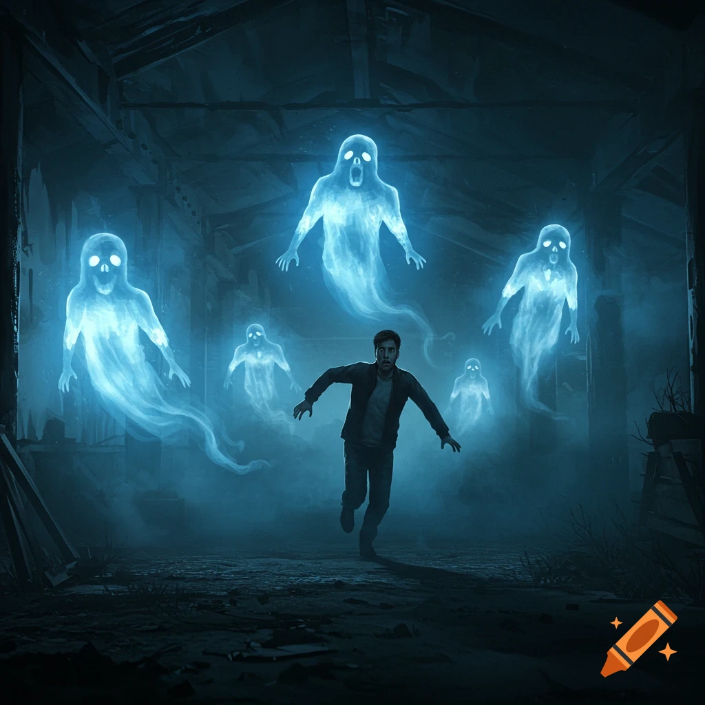 A man flees glowing blue ghosts in a dark, smoky room.