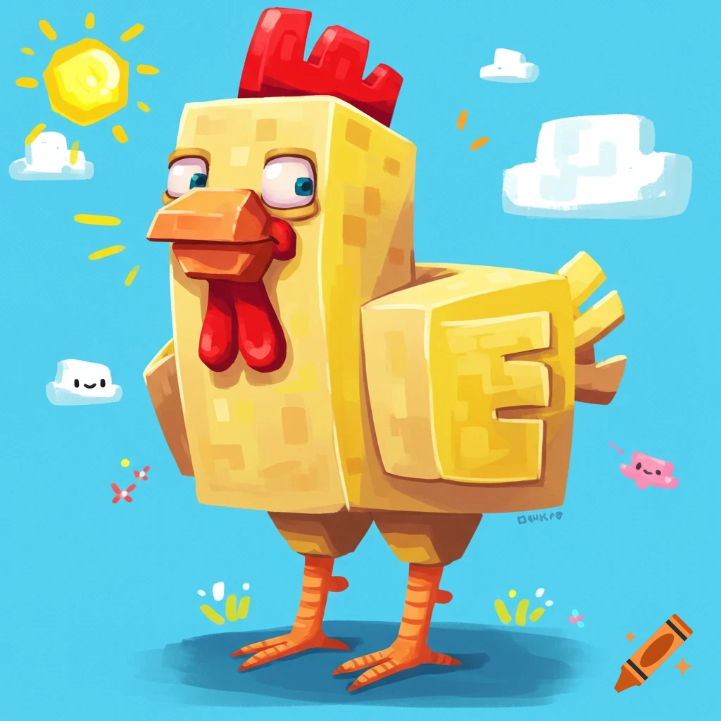 A blocky yellow chicken in the style of Minecraft standing in a field under a blue sky.