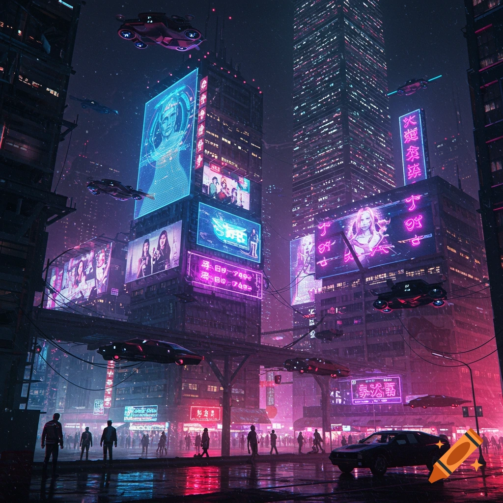 A neon-lit cyberpunk city skyline at night with flying cars, billboards, and people on the street.