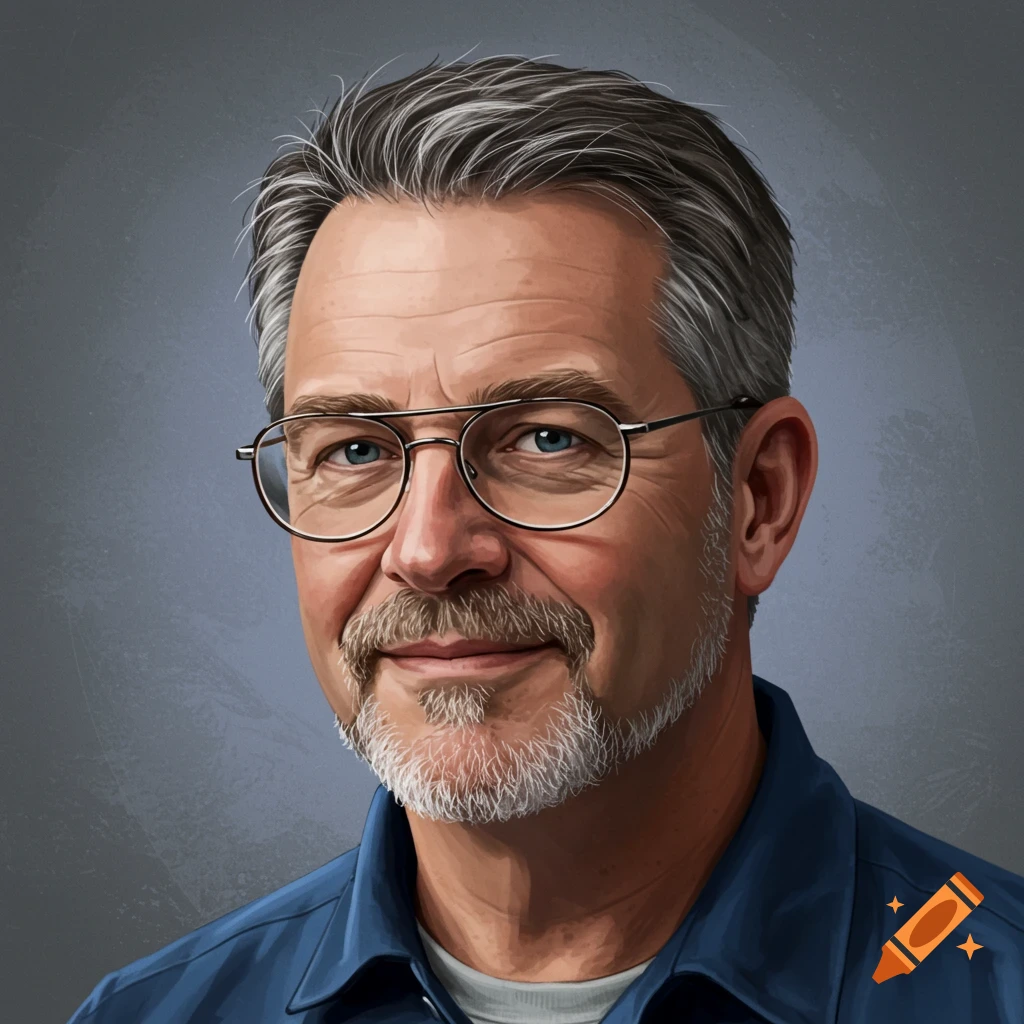 A portrait of a smiling middle-aged man with grey hair, beard, and glasses.