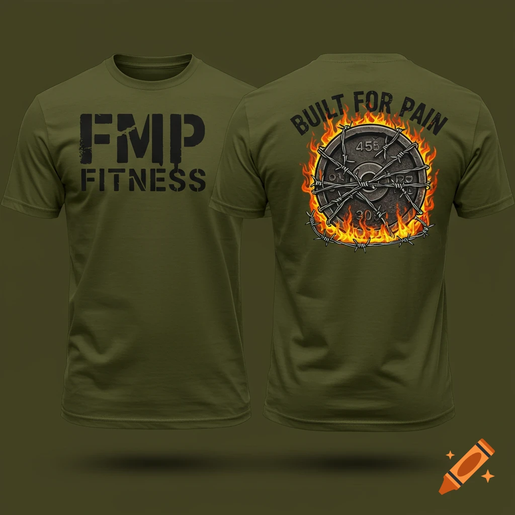 Olive green t-shirt mockup with FMP Fitness logo on front and barbell plate with barbed wire, flames, and 'Built for Pain' text on back.
