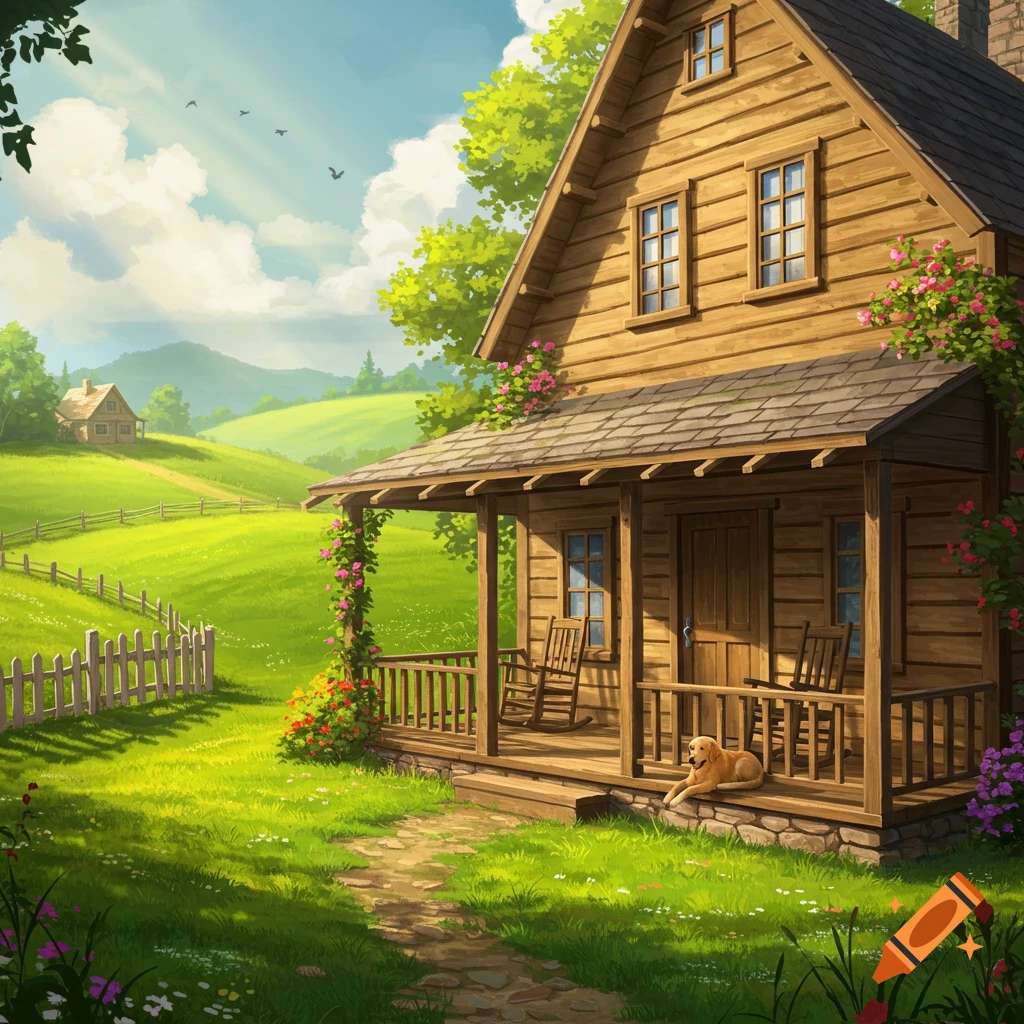 A log cabin with a dog on the porch, set in a sunny green rural landscape with hills and trees.
