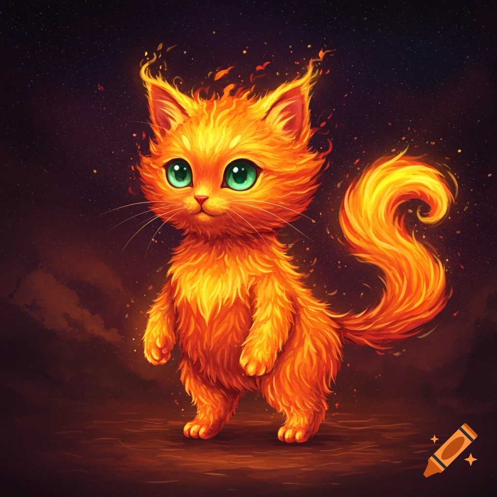 A cute, stylized cartoon cat made of fire stands on its hind legs under a starry sky.