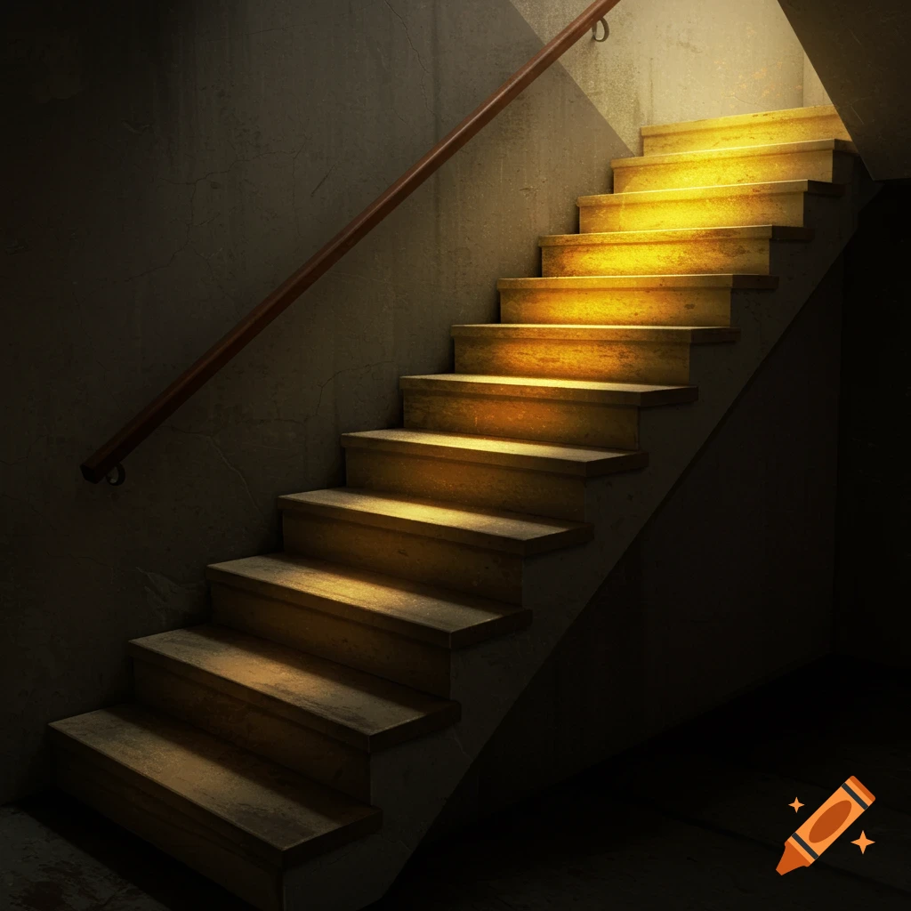 A dark staircase with the top steps glowing golden. Side view.