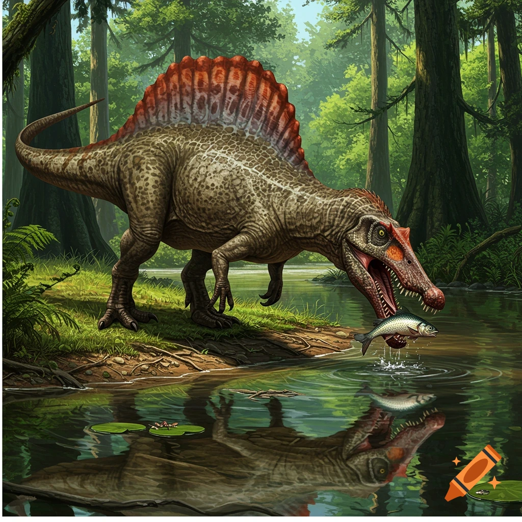 A Spinosaurus dinosaur catches a fish in a forest river.